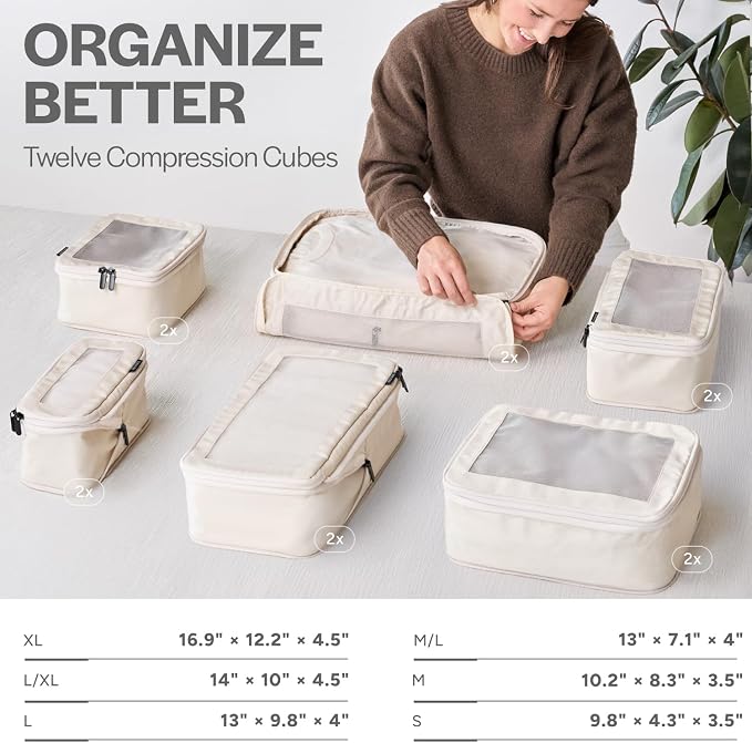 Aerotrunk Compression Packing Cubes for Travel - Luggage Organizer Bags - Double Zipper Packing Cubes for Suitcases (12-Pack, Beige)