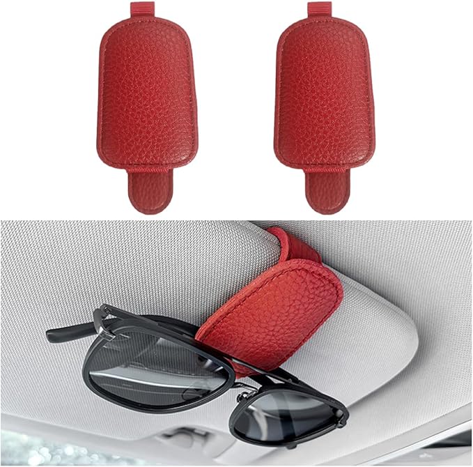 zipelo Sunglasses Holders for Car Sun Visor, 2PCS Magnetic Leather Vehicle Glasses Hanger Clip for Ticket Card, Auto Interior Eyeglass Organizer Accessories, Universal for SUV Sedan Truck (Red)