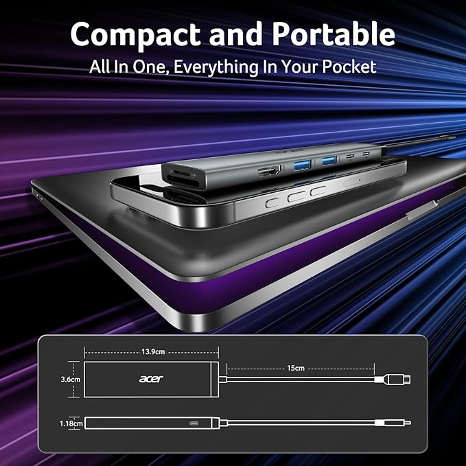 Acer 8 in 1 USB C Hub 10Gbps, USBC to HDMI Adapter 4K@60Hz, 2×USB-C 3.2, 2×USB A 3.0 Data Transfer, 100W PD Port Type C Multiport Splitter with SD/TF Card Reader, for MacBook Neo, Laptop, PC, Desktop