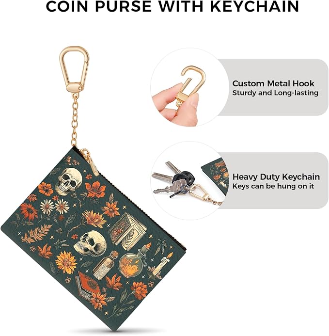 Halloween Goth Skull Keychain Coin Purse for Women, Vintage Gothic Skeleton Flower Book Small PU Leather Change Pouch, Zipper Little Tiny Travel Girls Wallet, Zip Pocket Key Ring Coin Holder