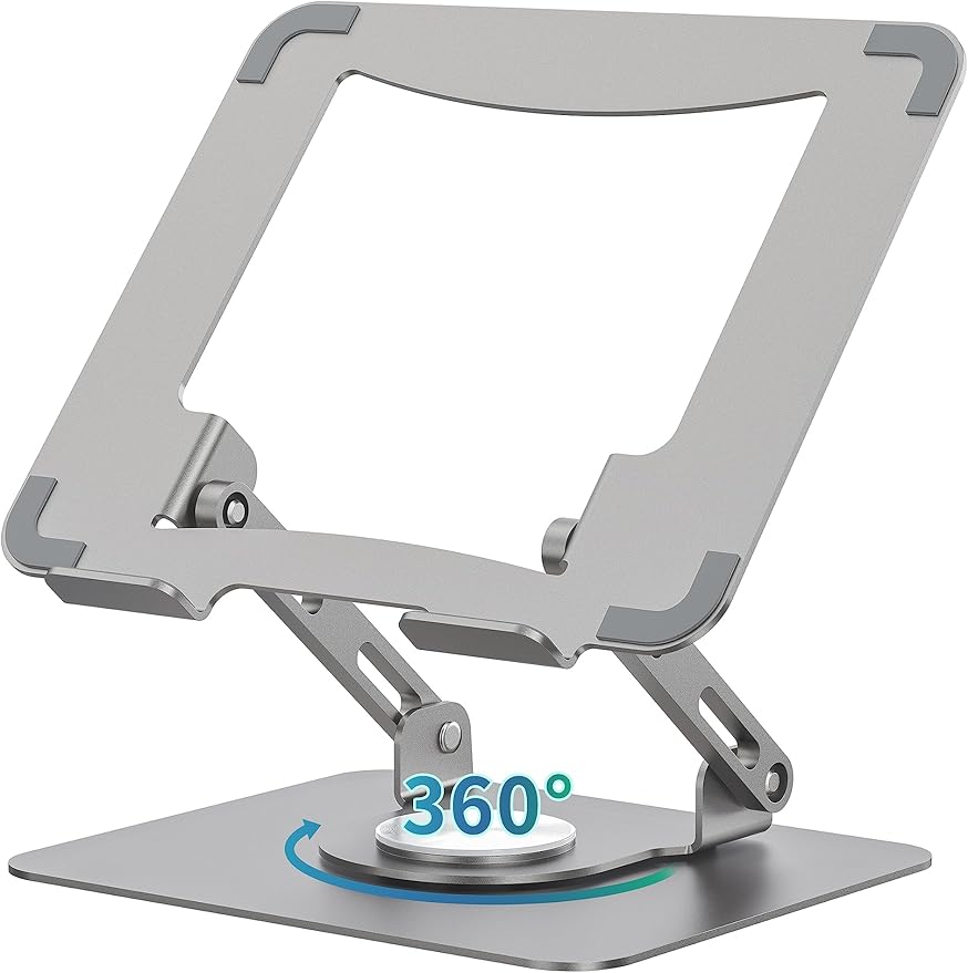 SOUNDANCE 360 Rotating Laptop Stand, Ergonomic Computer Riser for Desk, Adjustable Height Multi-Angle Metal Holder, Foldable Portable Notebook Elevating Base for Office & Home, Silver Grey