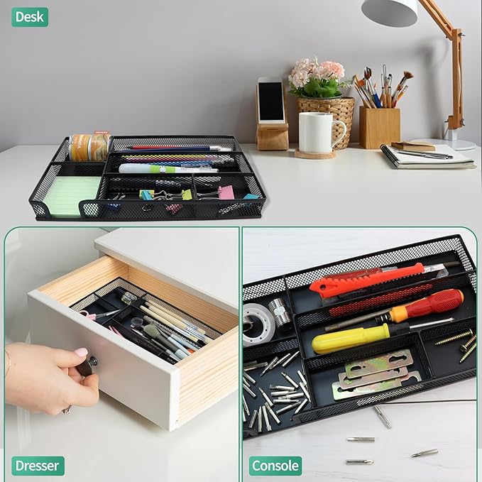 GAQWOK Small Metal Mesh Desk Drawer Organizer Tray for Paper, Office, Bathroom, Kitchen, Makeup & Vanity - Versatile Drawer Organizer