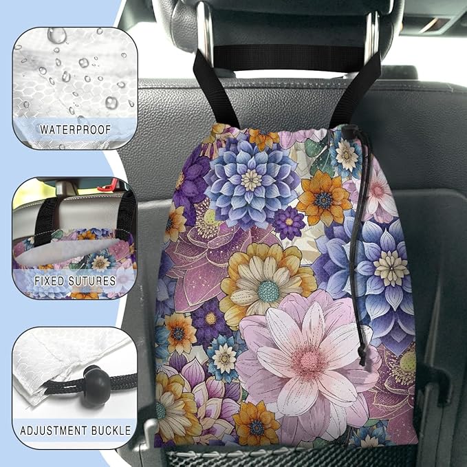 Car Trash Bag Hanging Back of Seat Waterproof Small Cute Printed One-Handed Strap Drawstring Garbage Bags for Car-Purple Boho Floral