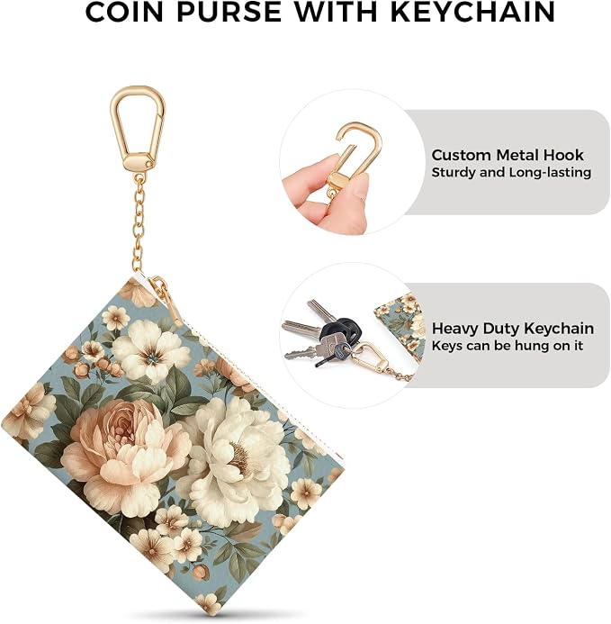 Vintage White Peony Floral Flowers Keychain Coin Purse for Women, Small PU Leather Change Pouch, Zipper Little Tiny Travel Wallet for Girls, Cute Kawaii Zip Pocket Coin Holder with Key Ring