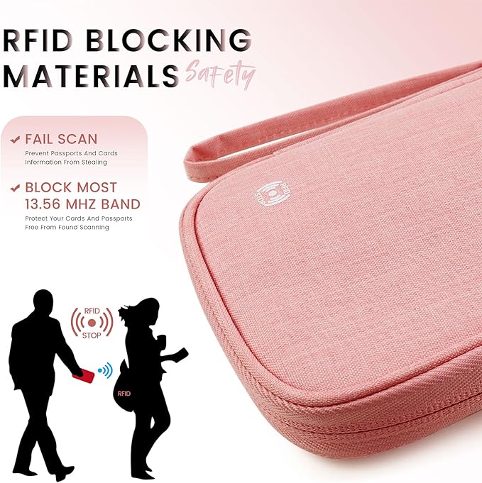 Passport Holder Family, Travel Document Organizer with RFID, Portable Passport Cover Case with Zipper for Cards, Boarding Pass, ID, Money, Tickets (Pink)
