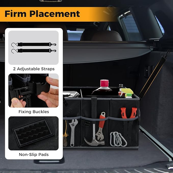Car Trunk Organizer, 13 Gallon Collapsible Cargo Storage Box with Removable Divider & 6 Pockets, 3-Compatment Trunk Container with Securing Straps & Non-Slip Bottom for SUV, Sedan