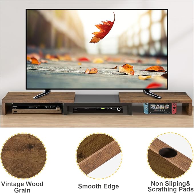 TAVR Dual Monitor Stand Riser, Computer Monitor Stands for 2 Monitors, Extra Long Multifunctional Wooden Desktop Organizer Riser for Computer, Laptop, PC, Printer, TV, Max 43.3" Length, Rustic Brown