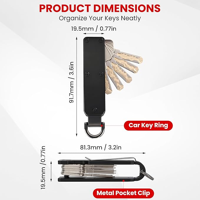Key Organizer – Minimalist Metal Key Holder for 1-5 Keys, Compact Keychain with Clip, Noiseless & Sleek Design for Men and Women (Black)