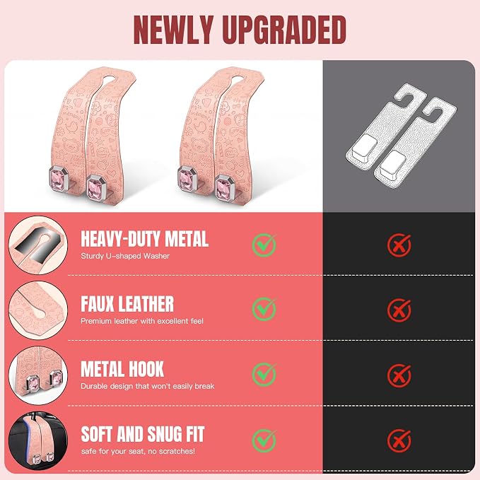 2PCS Car Hooks for Headrest, Faux Leather Purse Hook for Car Seat Back Organizers and Storage, Double Metal Purse Holder Bag Hanger, Universal Car Interior Accessories for Women Man