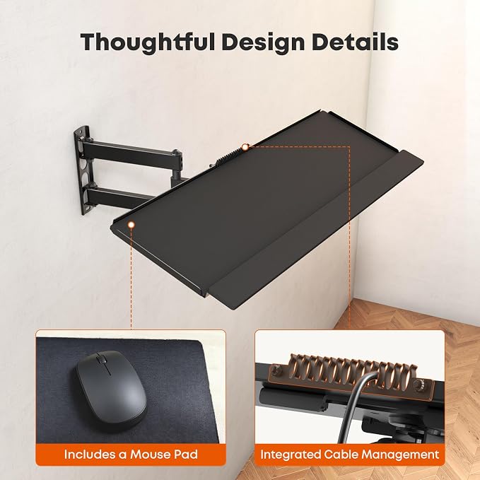 PUTORSEN Wall Mount Keyboard Tray with Adjustable Arm - Ergonomic Swivel & Tilt, Universal Keyboard and Mouse Tray for Home Office, Gaming & Streaming, 7.6"x25.8" Platform, Holds up to 19.8 lbs