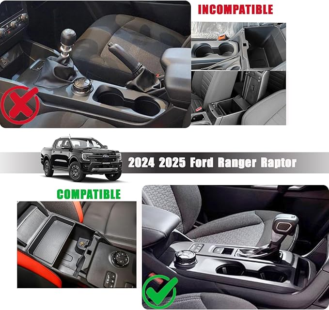 Center Console Organizer Tray Compatible with 2024 2025 2026 Ford Ranger Raptor Lariat XL XLT Armrest Storage Box Insert Interior Accessories-ONLY FIT Electric Handbrake Version