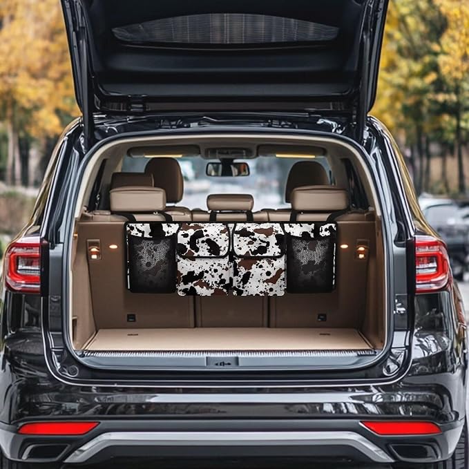 Cow Print Car Organizers and Storage Trunk Backseat Hanging Cargo Storage Bag with 2 Large Net Pockets 2 Magnetic Cover Foldable Capacity Car SUV Organizer