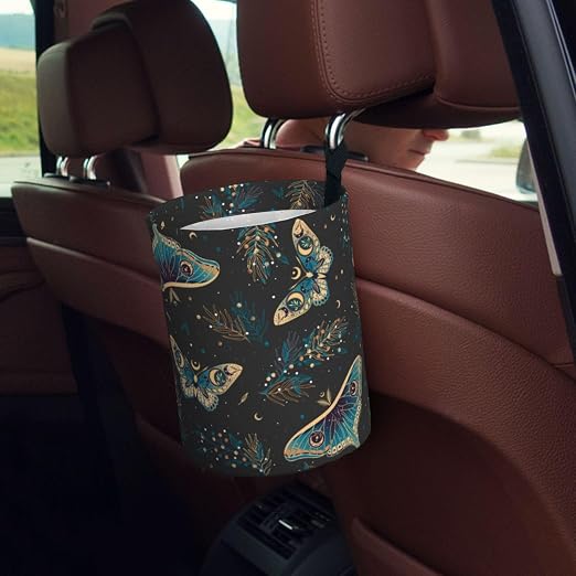 Car Garbage Bag Boho Butterflies Stars Mini Car Trash Bin Portable Collapsible Waterproof Rubbish Bag for Car Accessories Back Front Seat Cup Holder