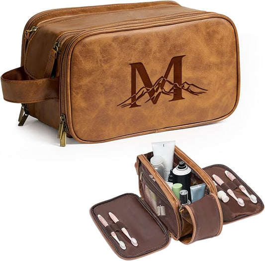 Janhavi Personalized Toiletry Bag for Men, Gifts for Boyfriend, Toiletry Bag For Shower Caddy,Personalized Initials & Mountain, Mens Toiletry Travel Bag, Travel Essentials for Men (Brown M)