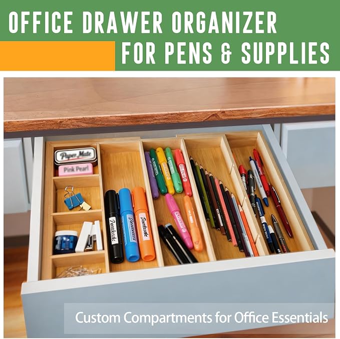 Bamboo Expandable Drawer Organizer with Removable Dividers, 15"-22" Adjustable Tray for Kitchen Utensils, Makeup & Office Storage