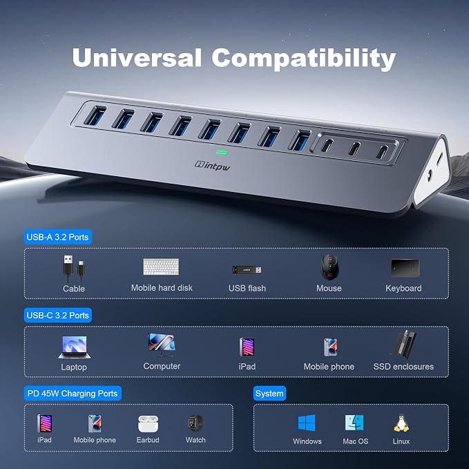 Powered USB Hub 10Gbps, Intpw YH9AC Plus 13 Port USB 3.2 Hub(USB A/USB C 3.2+6 USB-A 3.0+2 PD 45W Fast Charging Port+SD/TF Card Reader), 65W Power Adapter,Aluminum USB HUB for PC,Laptop,iPhone 17/16