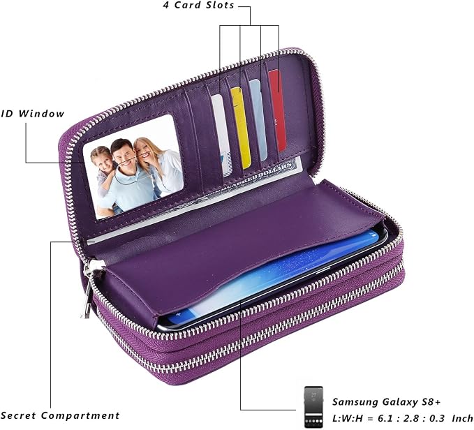 Cellphone Wallet for Women Dual Zipper Long Purse with Removable Wristlet