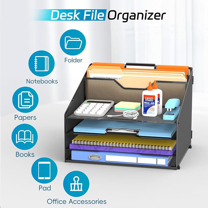 Desk File Organizer, 4 Letter Trays and 2 Upright Sections, Black | Paper organizer for desk with tiered letter trays and upright file sections for home office, school and workspace use
