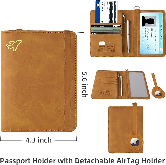 WALNEW AirTag Passport Holder and Vaccine Card Holder Combo, RFID Blocking Travel Passport Wallet with Vaccine Card Protector Slot and Airtag Protective Case(Brown)