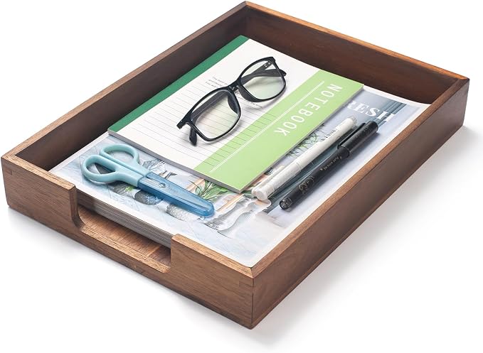 Wood Letter Tray, Acacia Wood Desk Tray, Wooden Desk Organizer, A4 Paper, Document, File, Mail, Magazine Storage Basket for Office, Classroom, Home Desktop