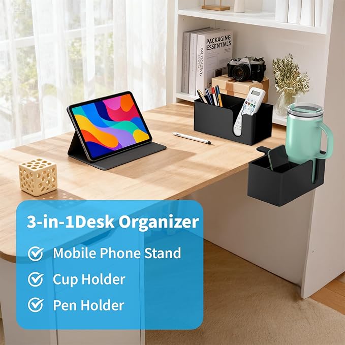 OOKUU 3-in-1 Desk Organizer - Large Desk Cup Holder Clamp, Pencil Holder and Phone Stand - Detachable Anti-Spill Table Cup Holder, Office & PC Gaming Desk Accessories for Cup, Phone and Pen (Black)