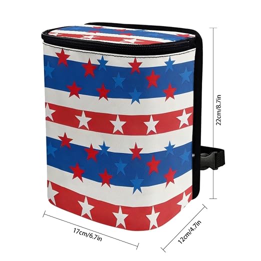Talayituse American Flag Star Print Car Trash Can with Lid, 4th of July Leak Proof Auto Trash Bag Hanging Vehicle Garbage Can Multipurpose Storage Container for Back Seat Road Trip