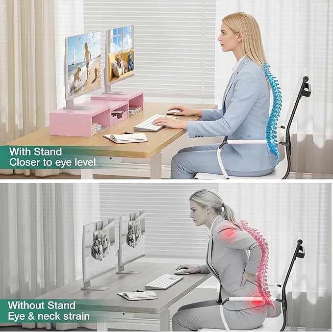 OPNICE Desk Organizers and Accessories, Dual Computer Monitor Stand Riser with Drawer, Office Decor for Women, Office Desk Accessories & Workspace Organizers for Home Office Supplies, Pink