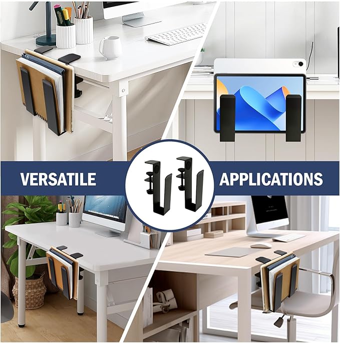 Desk Side Storage Organizer, Desk Side Laptop Mount, Punch-Free Clamp, No-Drill Clamp on Desktop Holder, Hanging Notebook Organizer for Office Home