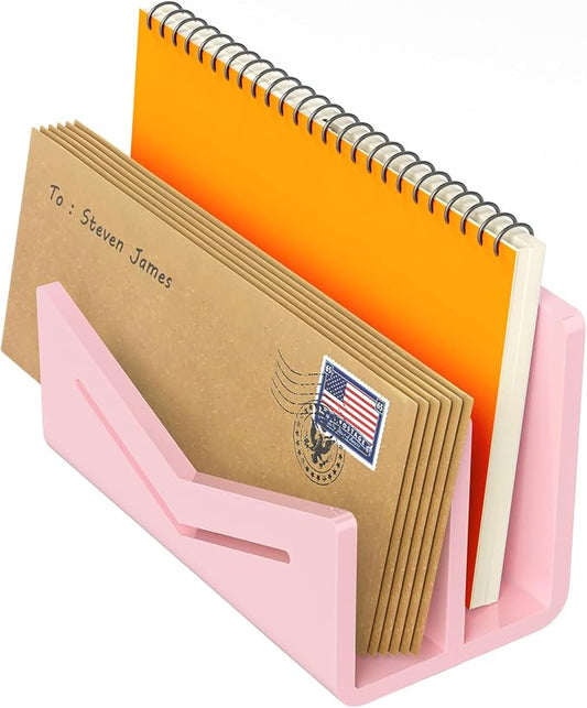 Beego Envelope and Mail Organizer Countertop - 2 Compartments Pink Acrylic Desk Organizer Letter Holder Desktop File Sorter Bill Document Folder Rack for Office, Home, School Desk Organization