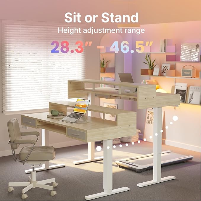 HUANUO 55″ x 26″ Electric Standing Desk with 2 Drawers &24.4″ Large Keyboard Tray, C-Clamp Mount Compatible, Adjustable Computer Desk for Office, Sit Stand Up Desk with 4 Height Presets, Light Walnut