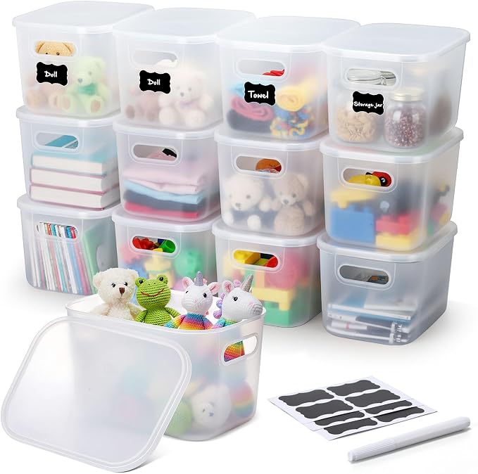 Thyle 12 Pack Translucent Plastic Storage Bins with Lids 7 Quart Toy Storage Box Stackable Nestable Organizer Boxes with Handle and Labels for Classroom Shelf Bedroom Desktop Toys School Supplies