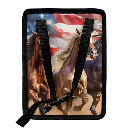 Biyejit American Flag Horse Car Trash Can with Lid Collapsible Car Garage Bag Reusable Hanging Automotive Garbage Bin with Adjustable Strap Car Accessories Interior Car Organizer 4th of July Gift