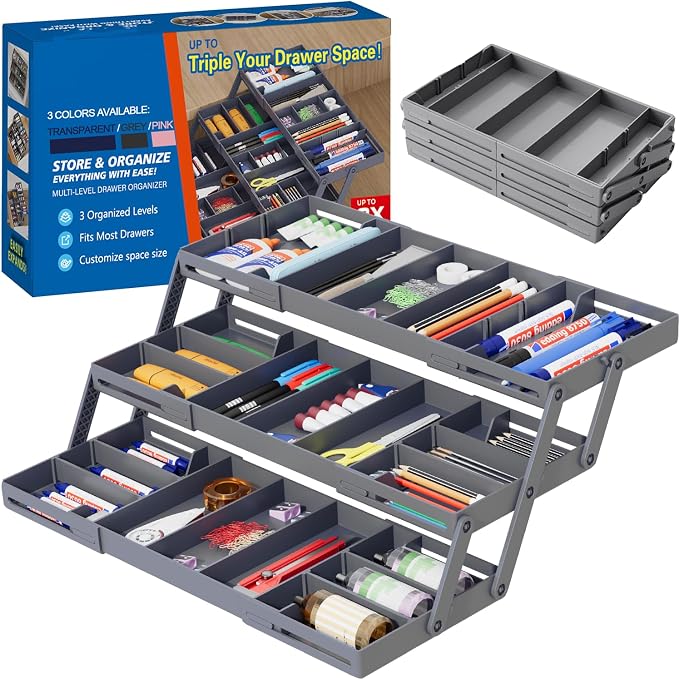 Meqtpomy Multi Level Smart Drawer Organizer – 3 Tier Expandable Drawer Organizer – Jewelry, Junk, Makeup, Silverware Storage Organizer – Perfect for Kitchen, Desk, Medicine Cabinet & More（SMALL）