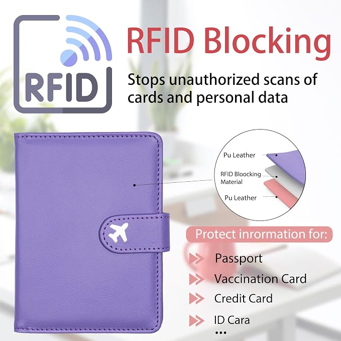 Passport Holder, Travel Wallet Cover with Pen Loop | Cute RFID Blocking Leather Case with Magnetic Closure for Travel Essentials-Purple