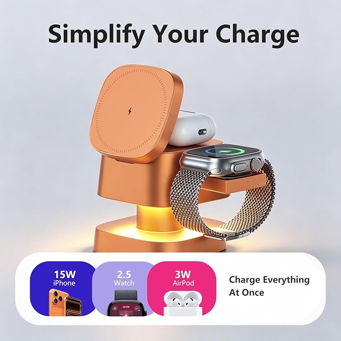 4 in 1 Charging Station for Apple Devices, 3 in 1 Wireless Charger Stand with Night Light for iPhone 17/16/15/14/13/12 Pro Max, Watch AirPods, 15W MagSafe Magnetic Charging for Bedroom Office (Orange)