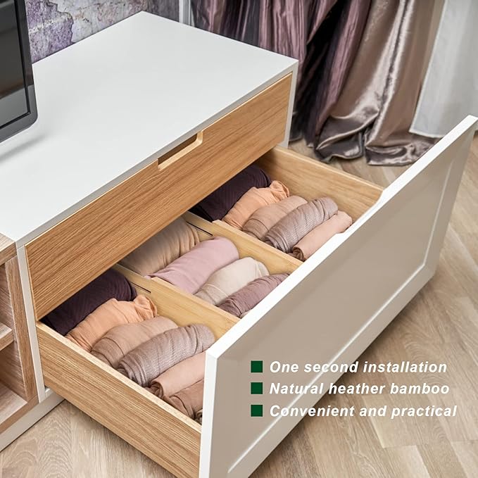 4 Pack Bamboo Drawer Dividers Organizer with Inserts 2.6'' High, Expandable from 12.5-21.7", Adjustable Drawer Organizer Separators for Utensils, Clothing, Office, Dresser, Bedroom, (Beige)