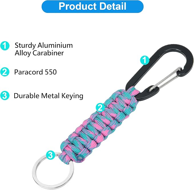 2 Pieces Paracord Keychain with Carabiner,Lanyard Clip for Keys Water Bottle Holder Backpack