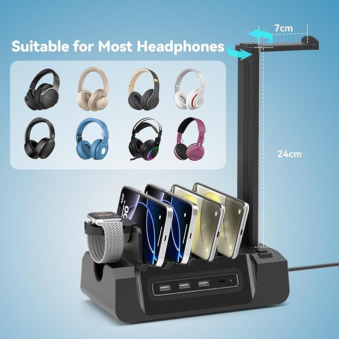 KDD Charging Station with 6 Charging Cables - Fast Charging 6 in 1 Cellphone Charging Dock with Headphone Stand and Watch Holder - 2 AC&USB A&USB C, Storage Station for Smartphone,Tablets, AppleWatch