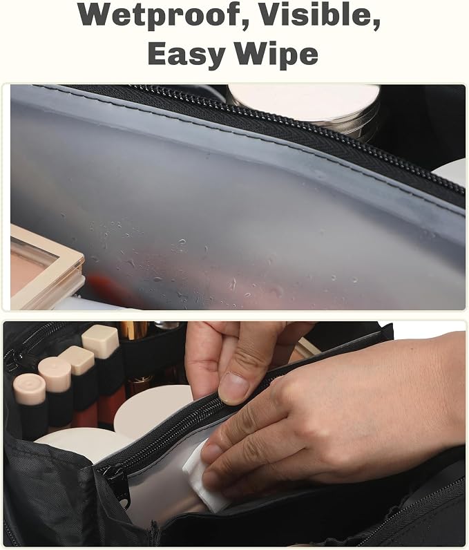 Hynes Eagle Travel Makeup Bag for Women Puffy Cosmetic Organizer Pouch Open Flat Toiletry Bag for Toiletries Brushes Structured Base Jet Black