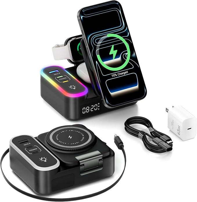 65W 8-in-1 Foldable Wireless Charging Station, 30W USB-C & 15W Magnetic Fast Charging for Apple Magnetic Stand, RGB Light & Clock for iPhone 17-12 Pro Max, Watch, AirPods, iPad for Desk Nightstand