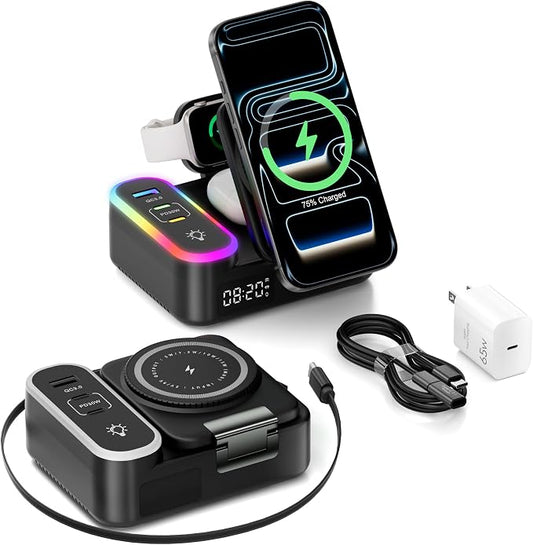 65W 8-in-1 Foldable Wireless Charging Station, 30W USB-C & 15W Magnetic Fast Charging for Apple Magnetic Stand, RGB Light & Clock for iPhone 17-12 Pro Max, Watch, AirPods, iPad for Desk Nightstand