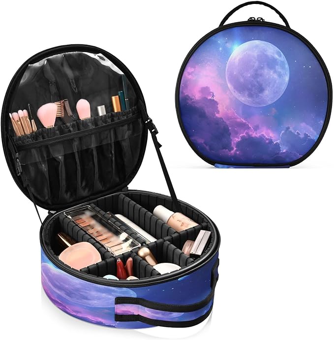 senya Round Cosmetic Pouch Travel Makeup Train Case Starry Sky Makeup Organizer Bag with Adjustable Dividers Portable for Cosmetics Makeup Brushes Toiletry Jewelry Accessories