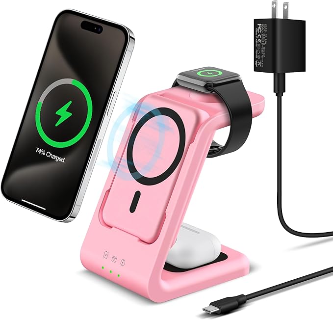 3 in 1 Wireless Charging Station: 5000mAh Removable Power Bank Charger Stand for Phone/Watch/Air Pods - Portable Magnetic Battery Pack for Air 17 16 15 14 13 12 Series Pink