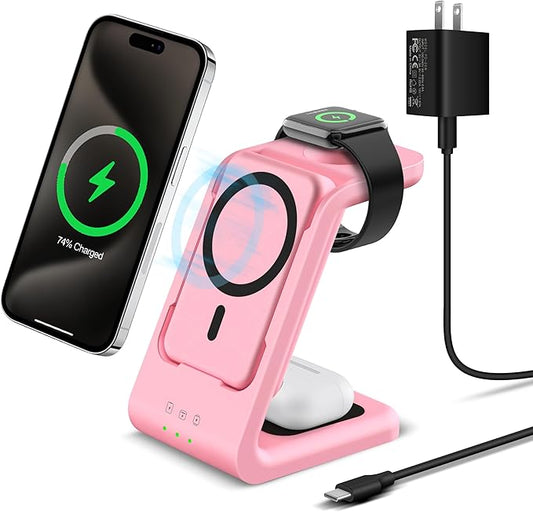 3 in 1 Wireless Charging Station: 5000mAh Removable Power Bank Charger Stand for Phone/Watch/Air Pods - Portable Magnetic Battery Pack for Air 17 16 15 14 13 12 Series Pink