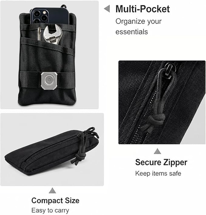 Small EDC Pouch，EDC Pouch for Men,Multitool Pocket Pouch Hold for EDC Tools, Outdoor Sports, Camping, Hiking, Purse, Cards, Keys, Change, Black EDC Belt Pouch for Daily Carry