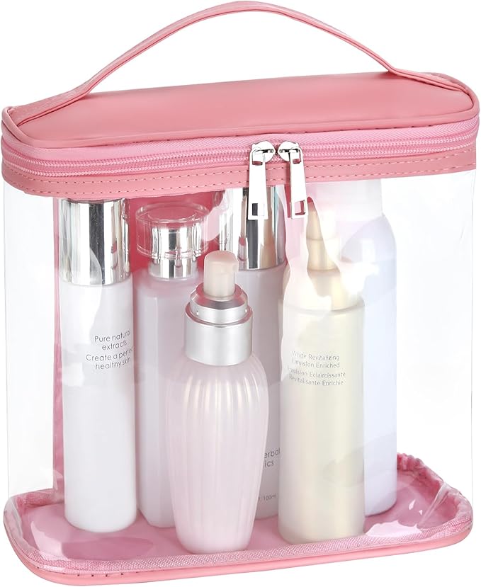 Heavy Duty Leak Proof Clear Travel Bags for Toiletries, Transparent Makeup Cosmetic Bag with Zipper and Handle (Large, 1PCS Pink)