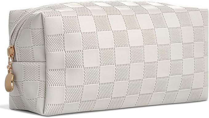 Checkered Makeup Bag for Purse - Cute PU Leather Travel Cosmetic Pouch for Women, Portable Flat Toiletry Organizer with Gold Zipper(white)