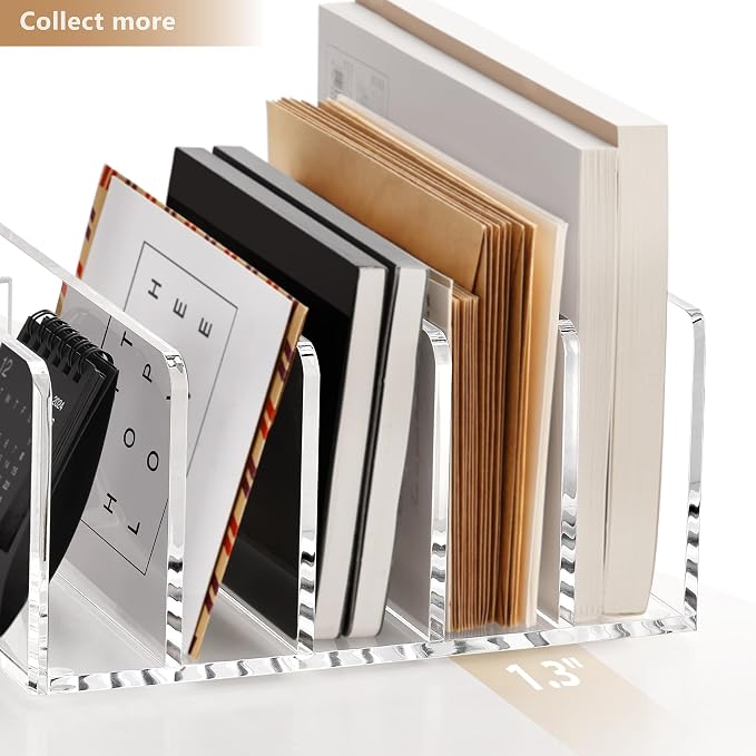 SANRUI Acrylic Mail Organizer, 5 Compartments File Holder for Desk, Letter Sorter with Pen Holder, Clear Countertop Document Sorter for Notebooks, Bills & Eyeshadow Palettes