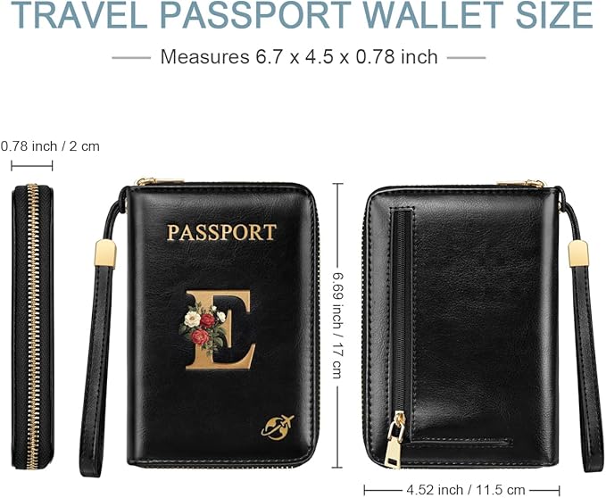 Passport Holder Cover Wallet with Zipper Personalized Initial Letter E Rose Flower RFID Blocking Travel Wallets Credit Cards Holder for Women, Gift for Wife and Girlfriend,E
