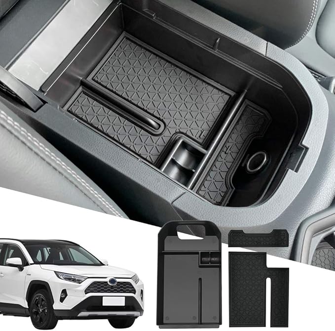 D-Lumina RAV-4 Center Console Organizer - Compatible with Toyota RAV4 2019 2020 2021 2022 2023 2024 2025 - Armrest Secondary Storage Tray, w/Black Anti-Dust Mats